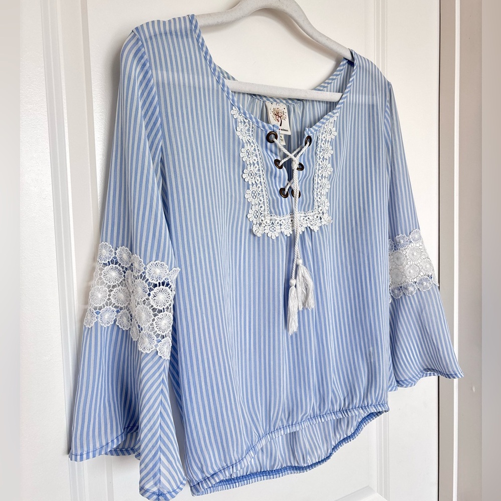 Self Esteem Blue Stripe Bell Sleeve Boho Coastal Cottagecore Peasant Blouse S
